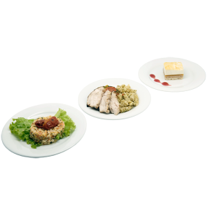 plateau repas Fleur (salade de blé, poulet et pâtes au pesto, gâteau croustillant) pour vos déjeuners, ils sont livrés à votre entreprise sur Tours, 37